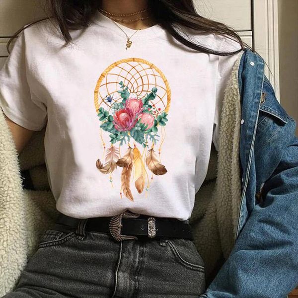 

women clothes lady tees graphic feather dream web trend flower floral clothing cute 90s female t shirt womens t shirt, White