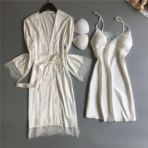 

women's sleepwear white v-neck lace lady nightgown&robe set with bra bride bridesmaid wedding robe soild satin casual home dressing gow, Black;red