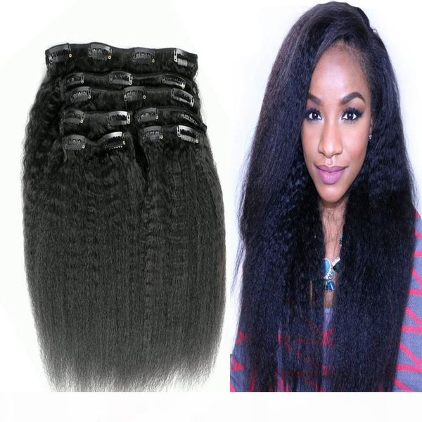 

kinky straight clip in indian human hair extensions 8pcs set 100g natural color remy clip ins, Black;brown