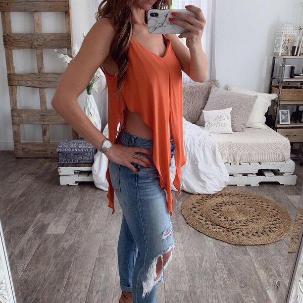 

womens summer blouse shirts crop hollow out vest leopard cami irregular split sling loose changeable top, White