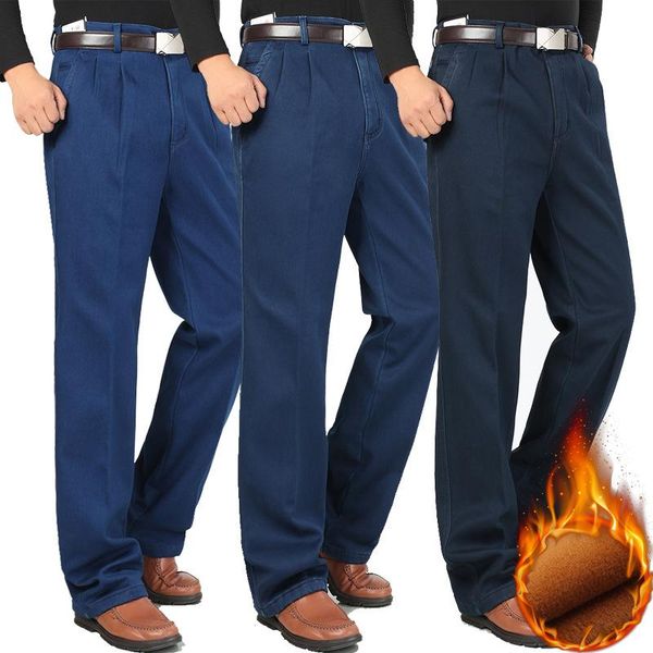 

men's jeans winter warm men fleece denim trousers middle-aged thick high waist double pleated straight loose elastic, Blue
