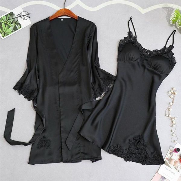 

women pajamas 2 pieces satin sleepwear pijama silk home wear home clothing embroidery sleep lounge pyjama with chest pads1, Black;red