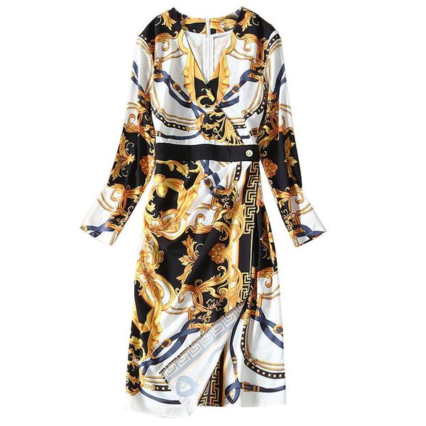 

fashion show new high-end women's fashion abstract printed long sleeve dress, Black;gray