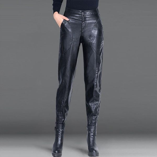 

2020 spring winter women pants high waist harem pants loose leather formal elegant trousers office lady black p344, Black;white