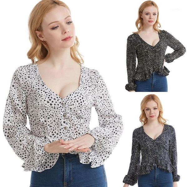 

women fashion v neck dot print ruffle cardigan long sleeve shirt blouse1, White