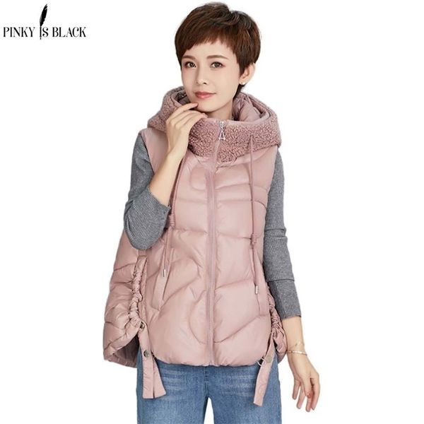 

pinkyisblack new fleece spliced glossy winter women vest quilting drawstring hooded winter waistcoat vest jacket women 201120, Black;white