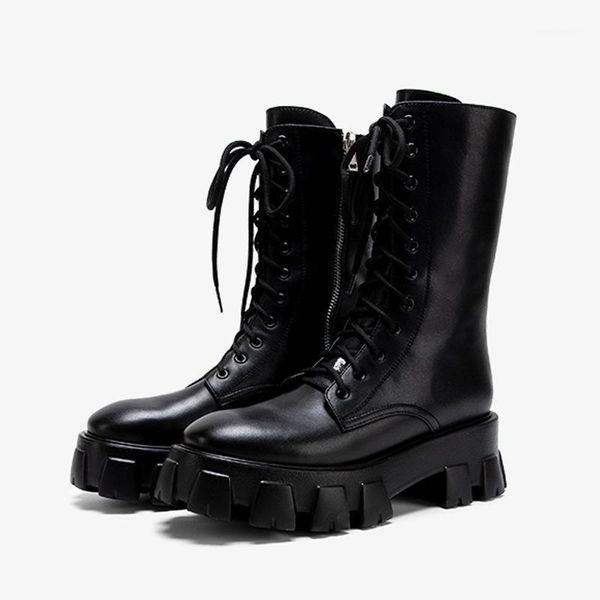 

boots women's leather 2021 spring and autumn short boots, motorcycle thick soles, middle heel lace up mid1, Black