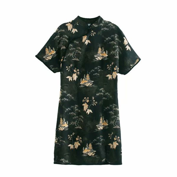 

fall 2020 new slim stand collar short sleeve printed chinese style dress for women 8496061, Black;gray