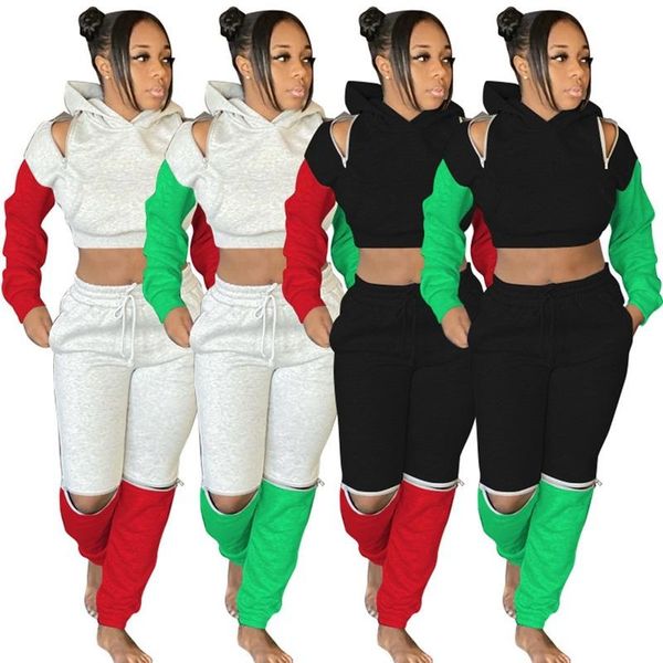 

2020 осень мода стиль женщины с длинным рукавом с капюшоном две пьесы наборы top и long pant женщин костюм two piece set, Gray