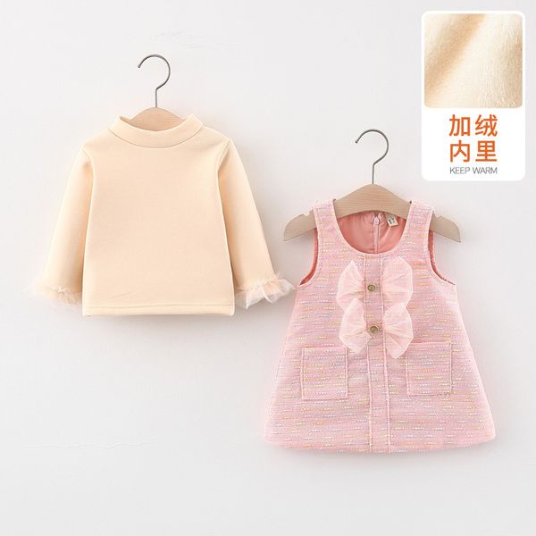 

wear girls autumn and winter plush children's long sleeve t-shirt + small fragrance vest skirt two piece set of foreign style, White