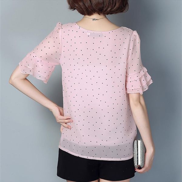 

summer chiffon blouse shirt women polka dot womens and blouses plus size 5xl ruffle blusas femininas 2021 o neck pink, White