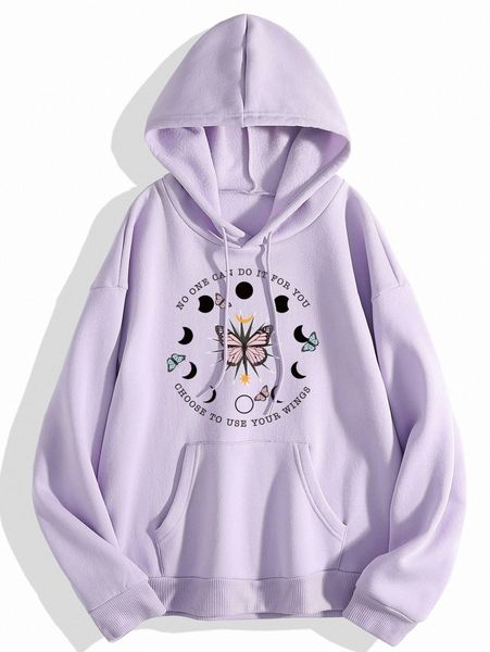 

slogan & butterfly print drawstring thermal lined hoodie a61z#, White;black