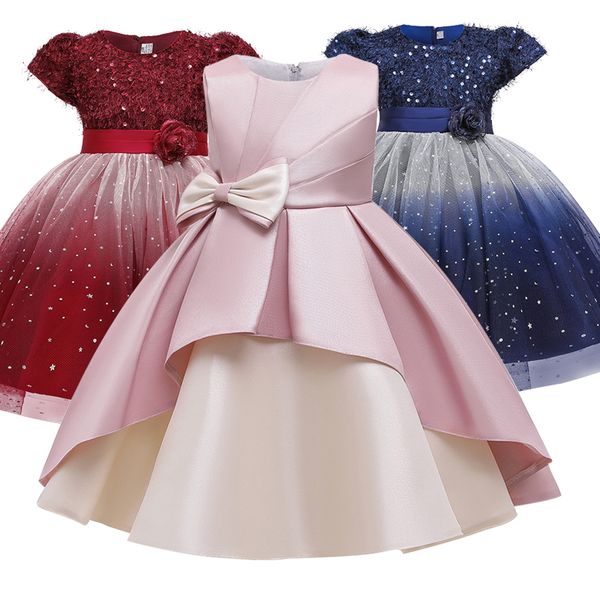 

birthday wedding gown tutu princess dress sequins flower girls children clothing kids party for girl clothes t200709, Red;yellow