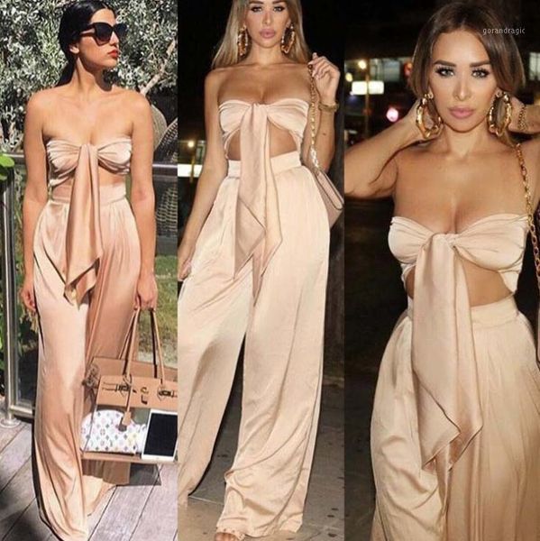 

women two piece set silk bow slash neck crop outfits and wide long pants bodycon night club tracksuit for women11, Gray