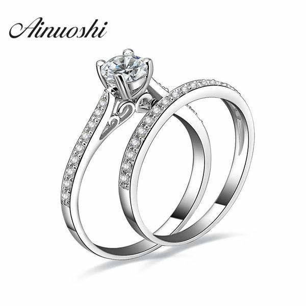 

luxury 925 silver 2-pcs rings set created sona round shape engagement ring women wedding promise infantity bridal band ring set y200106, Slivery;golden