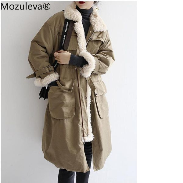 

women's down & parkas mozuleva 2021 autumn winter women jackets quilted puffer lambswool high-quality warm lace up with bag oversize co, Black