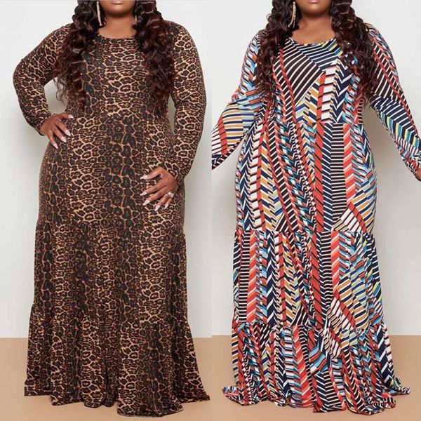 

xl-5xl plus size printing dresses autumn and winter women's long dress o-neck long sleeve lady's casual dresses, Black;gray