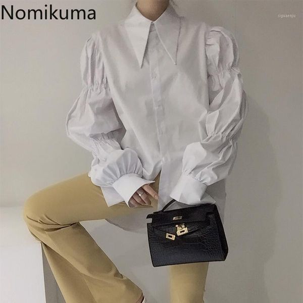 

nomikuma korean chic white blouse single breasted puff sleeve shirts women autumn new vintage casual blusas mujer 3d1401