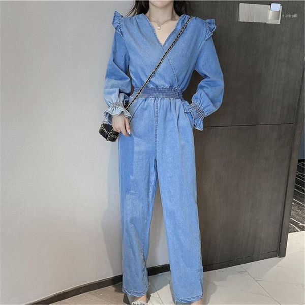 

2020 new autumn korean long-sleeved cross v-neck denim jumpsuit suit women's waist slimming rompers1, Black;white