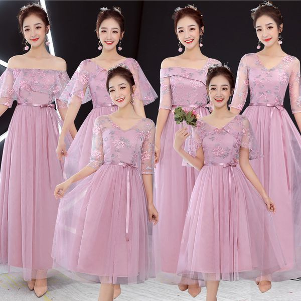 

Summer A-line Ankle-length Floral Zipper Mesh Belt Pink Gray Simple Embroidery Elegant Adult Ceremony Bridesmaid Dresses 9948