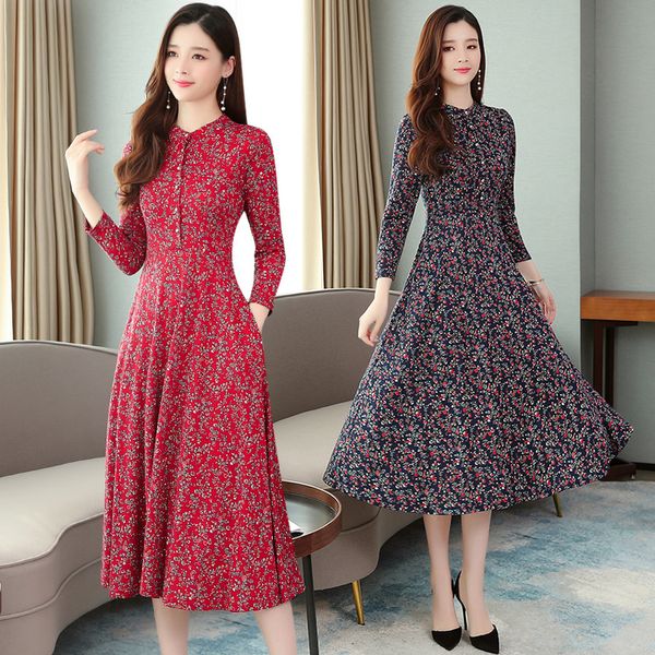 

vintage floral cotton midi dresses autumn winter 4xl plus size print long sleeve dress elegant women bodycon party vestidos 201125, Black;gray