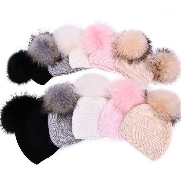 

2020 newborn baby kids girls boys winter warm knit hat wool knitted beanie real furry fur balls pompom solid warm cute1