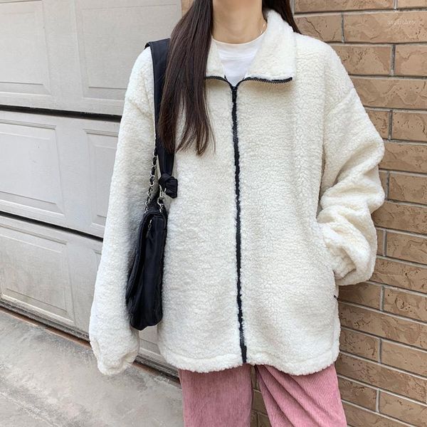 

korean version japanese jacket winter fashion loose all-match imitation lamb wool solid color lapel long sleeve coat1, Black;brown