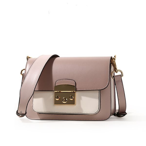 

leather female bag new single shoulder diagonal bag lock buckle small bag wide shoulder strap contrast color small square