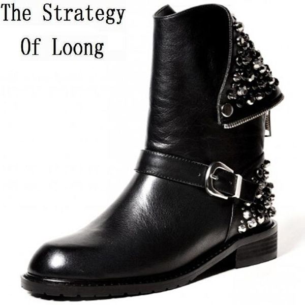 

women autumn winter low heel genuine leather rivets round toe back zipper buckle fashion boots size 34-39 sxq0730, Black