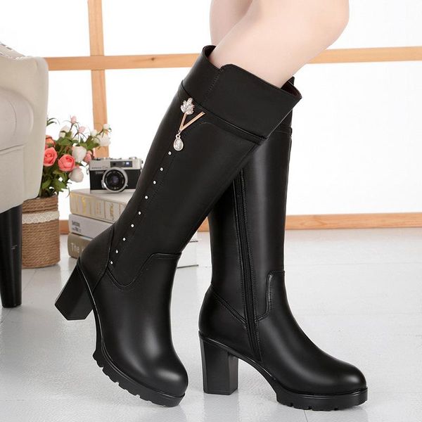 

boots women's winter high style leather women size 43 warm heel wool trend riding, Black
