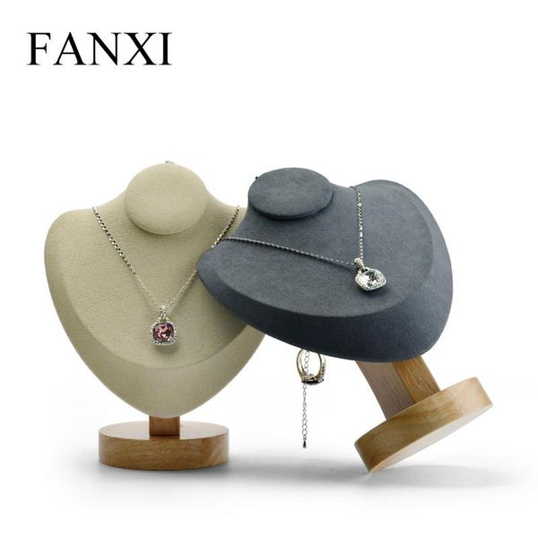 

fanxi 2pc new wooden necklace display stand with microfiber insert mannequin model pendant holder jewelry expositor shop counter, Pink;blue