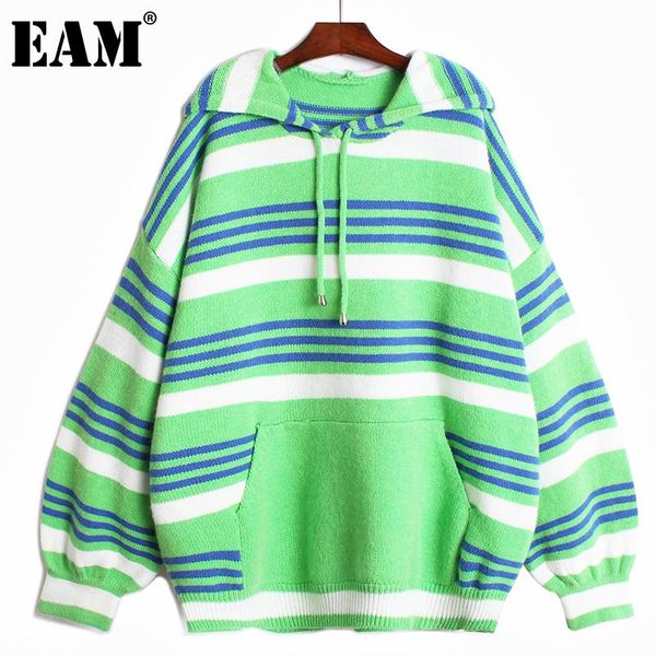 

[eam] green striped big size knitting sweater loose hooded long sleeve women pullovers new fashion autumn winter 2020 1dd2693, White;black
