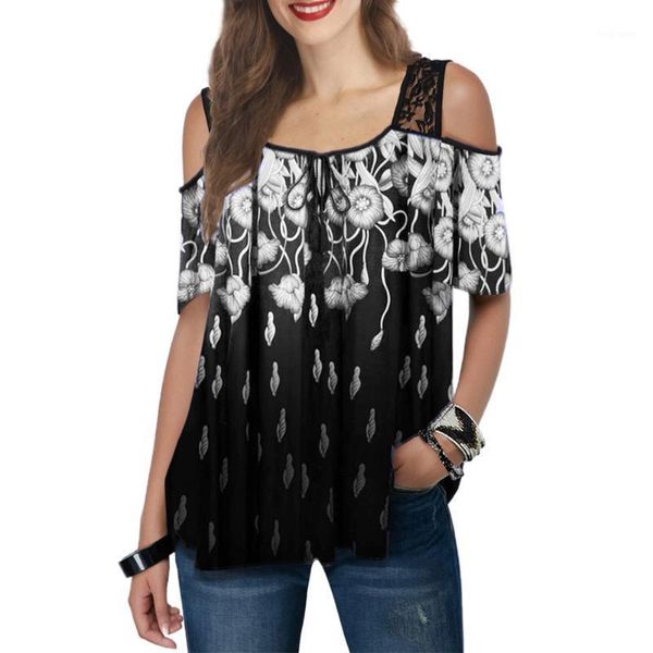 

party casual gift pullover loose lace print cold shoulder sleeve fashion women t-shirt home office daily soft summer square neck1, White