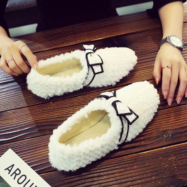 

casual woman shoe loafers fur round toe modis bow-knot female footwear boat 2020 butterfly winter dress moccasin new flock, Black