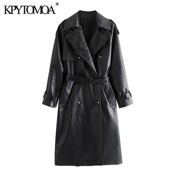 

kpytomoa women fashion with belt double breasted faux leather trench coat vintage long sleeve female outerwear chic overcoat, Tan;black