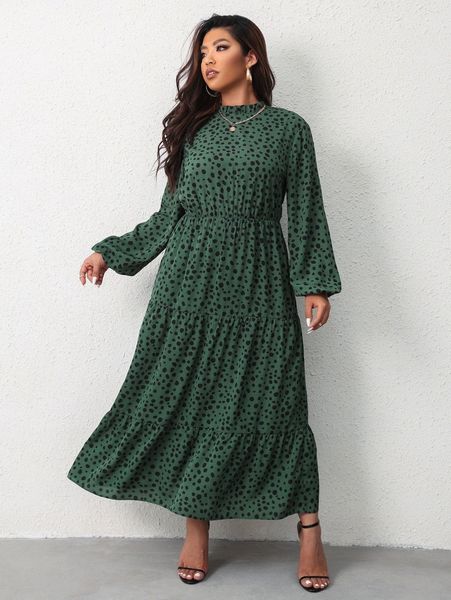 

plus all over print bishop sleeve ruffle hem dress d7kz#, Black