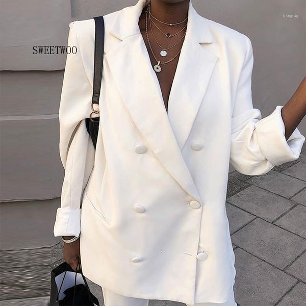 

2020 double breasted notched jacket long sleeve winter autumn long blazer women office night out jacket female coat1, White;black