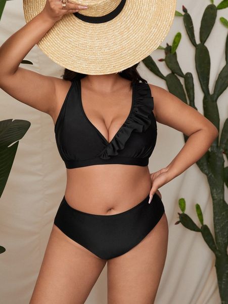 

plus plain frill trim high waisted bikini swimsuit k0oq#, Black