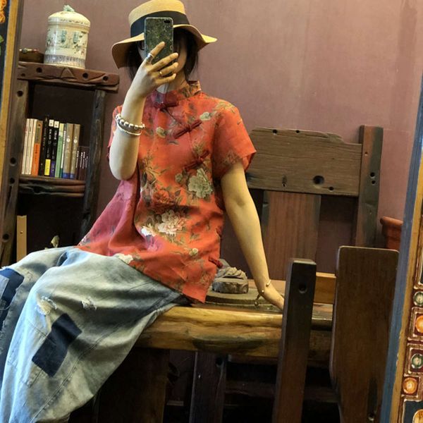 

2019 luogu clay stand collar, side open front pure ramie digital printing short sleeve shirt 15321, White