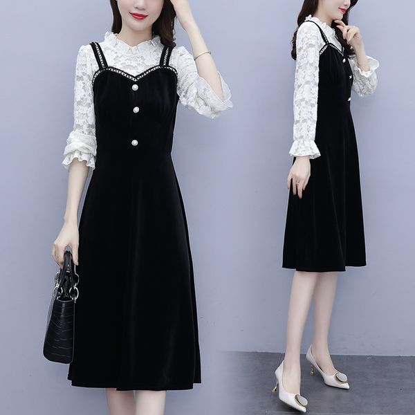 

of the women velvet lace 2021 dressed spring plus size l-4xl fat woman wear long cuts thin party casual dress wjna, Black;gray