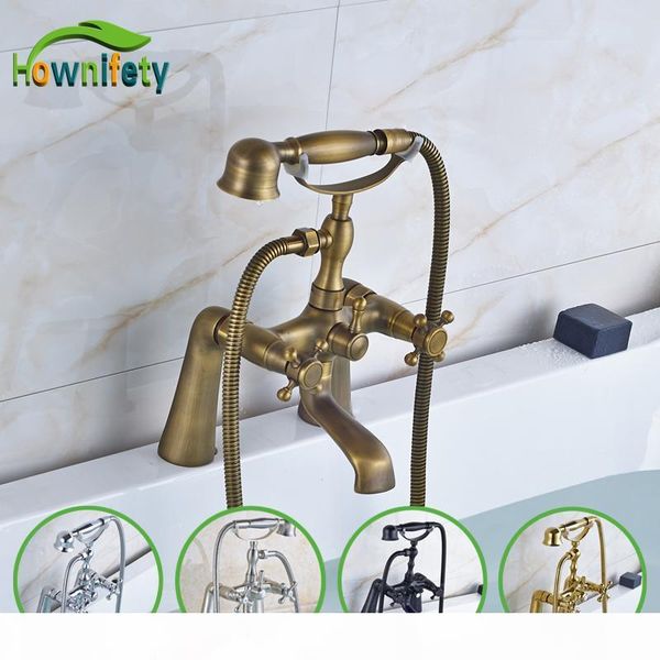 

solid brass bathroom tub faucet double handles deck mount mixer tap with handheld shower