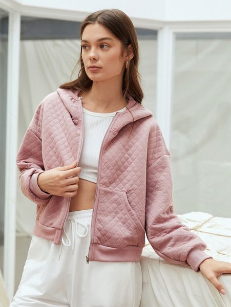 

drop shoulder hooded quilted jacket f2za#, Black;brown