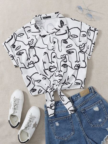 

allover figure print knot hem blouse i3cj#, White