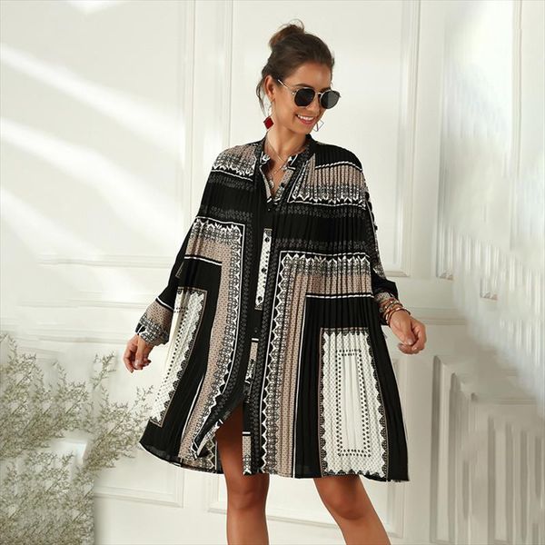 

ewq] 2020 spring summer stand collar long sleeve print single breasted adjustable waist casual shirt dress women 3aj06501xl, Black;gray