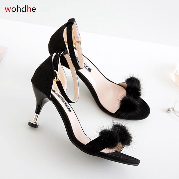 

wohdhe 2020 new women fur sandals buckle peep toe women summer shoes thin heels pumps mature party office shoes1, Black