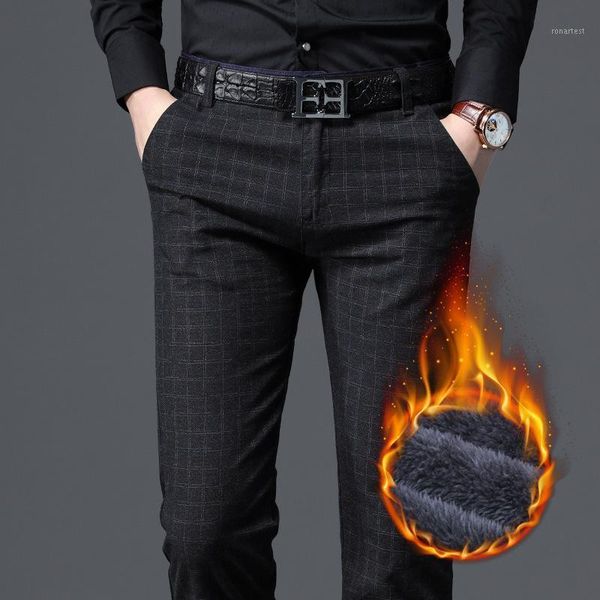 

winter men's thick warm casual pants 2020 classic style business office black straight fleece stretch trousers male brand1