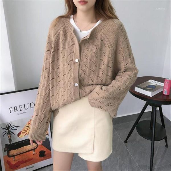 

2020 autumn winter women clothing new listing cardigan sweater long sleeve single-breasted coat women hollow knitted sweater1, White