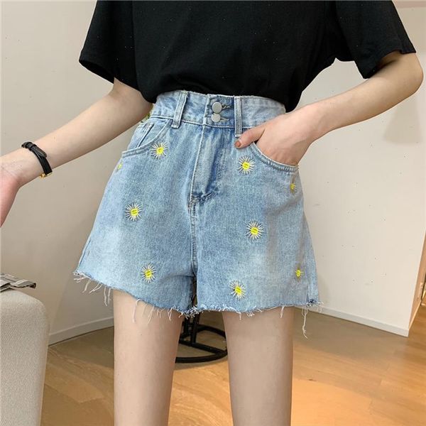 

new 2021 summer women denim shorts daisy embroidery denim shorts high waist denim skirt blue shorts women skirt, White;black