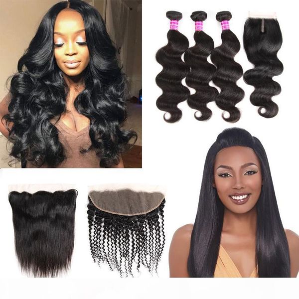 

бразильские волосы девственницы прямые человеческие волосы плетения с фронтальными странными вьющиеся вьющиеся волосы пакеты волос с закрыти, Black