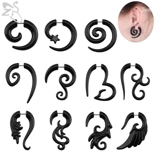 

zs 1 pair acrylic fake ear plug and tunnel men women punk ear tapers tribal spiral fake gauges stud earring piercing jewelry, Silver
